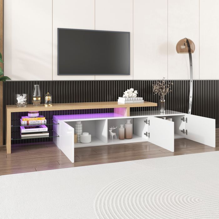 Mobile porta TV - SOMUBI - 3 ante - Illuminazione a LED - Ripiani in vetro - Design moderno e minimalista
