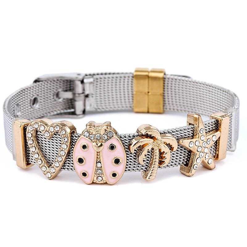 Jewelry: 10mm Slide Charm Bracelets for Men and Women – Gold-Tone Heart and Tree Design on Stainless Steel Mesh Band – Gift Idea
