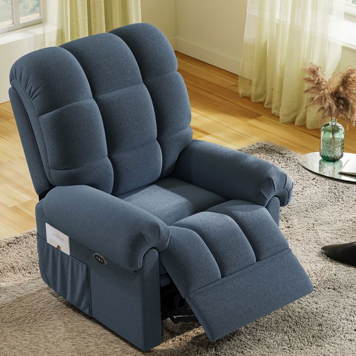 Poltrona reclinabile elettrica Teddy in velluto, poltrona regolabile da 90 a 150° per soggiorno e camera da letto, blu e grigio.