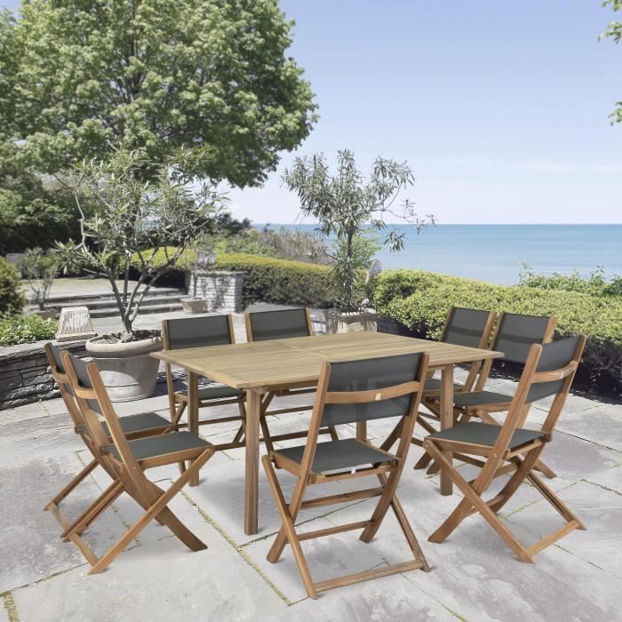 Lot de 2 chaises de jardin pliantes en bois d'acacia FSC - EDEN - Assise textilène - Gris - 58 x 58 x H90 cm