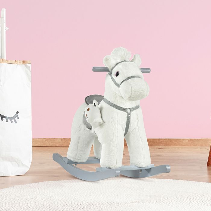 Caballito balancín para bebés de 18 a 36 meses - HOMCOM - con efectos de sonido - osito de peluche de regalo - de madera - 65 x 26 x 55 cm - blanco