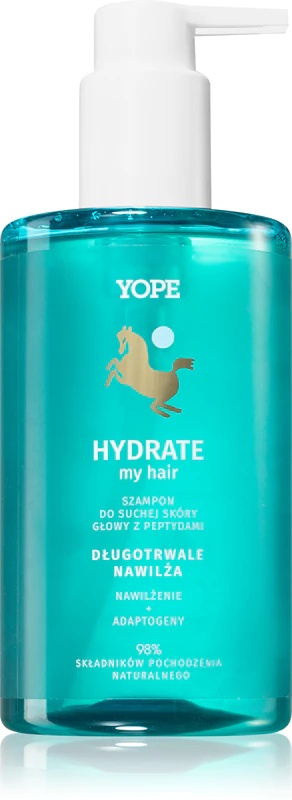 Yope HYDRATE my hair drėkinamasis šampūnas sausai ir niežtinčiai galvos odai.
