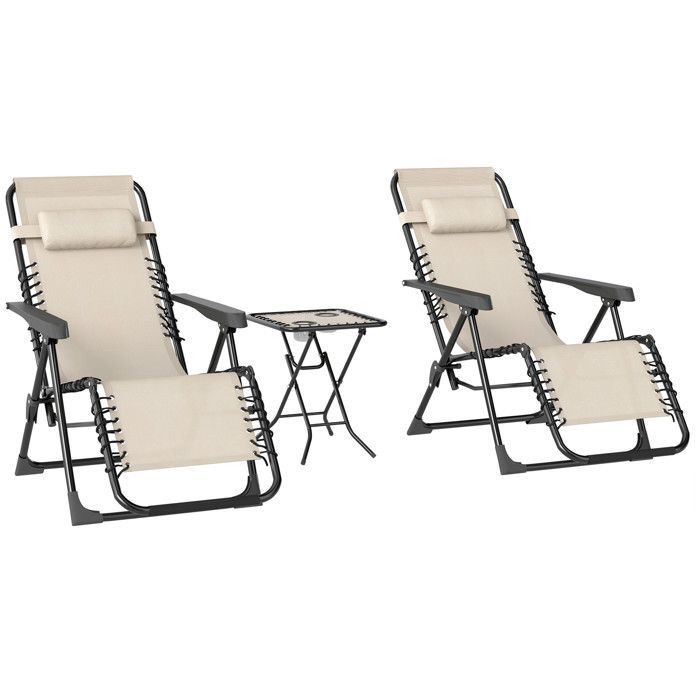 Set of 2 folding and reclining sun loungers with side table - Outsunny - cup holders and headrests - 120kg load capacity - beige