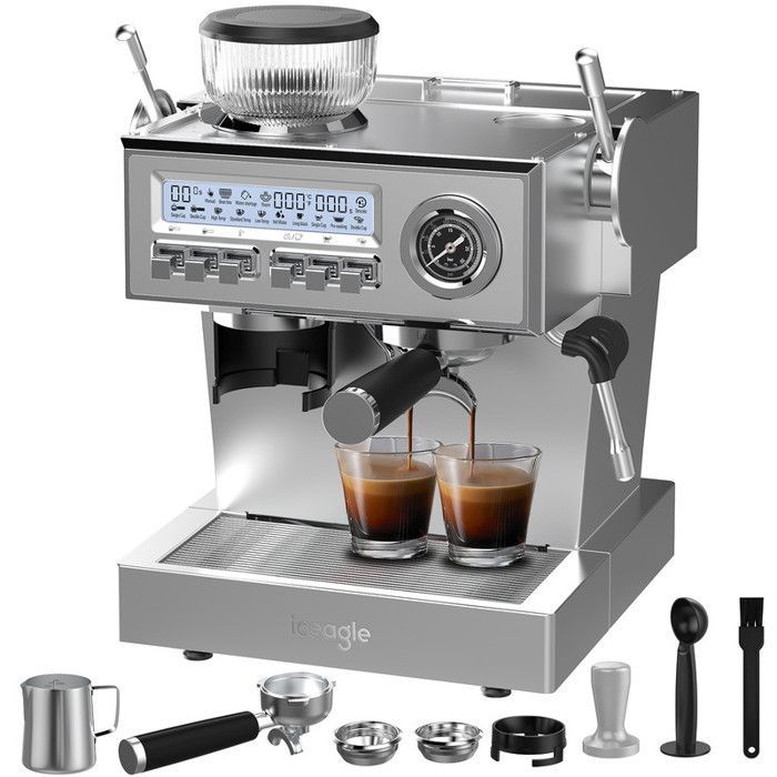 Iceagle-espressokone - italialaistyylinen - 20 baarin pumppu - 1350 W - 25 asetusta - integroitu jauhin - LCD-näyttö - 3 lämpötila-asetusta - 1,6 l