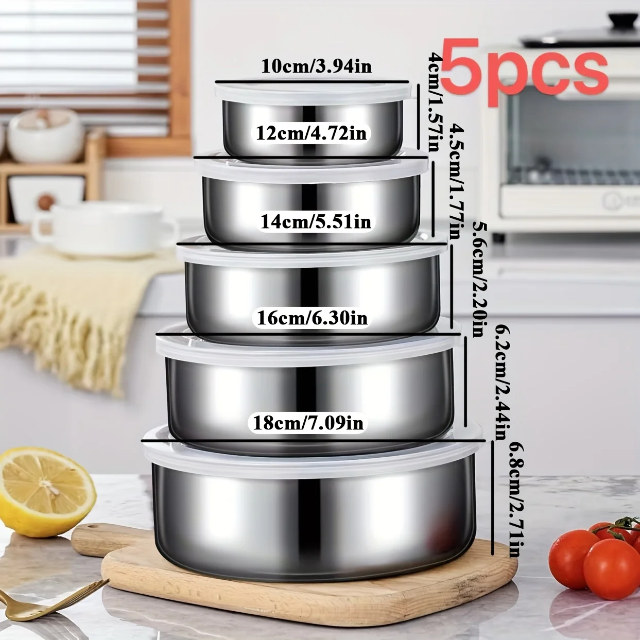 Ensemble de 5 boîtes de conservation avec couvercle, idéal pour ranger les légumes, les fruits et les accessoires de cuisine.