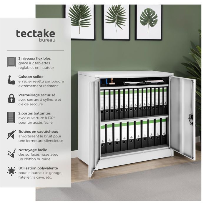 Office storage - TECTAKE - Metal filing cabinet with 2 adjustable shelves - 90 cm x 40 cm x 90 cm - Grey