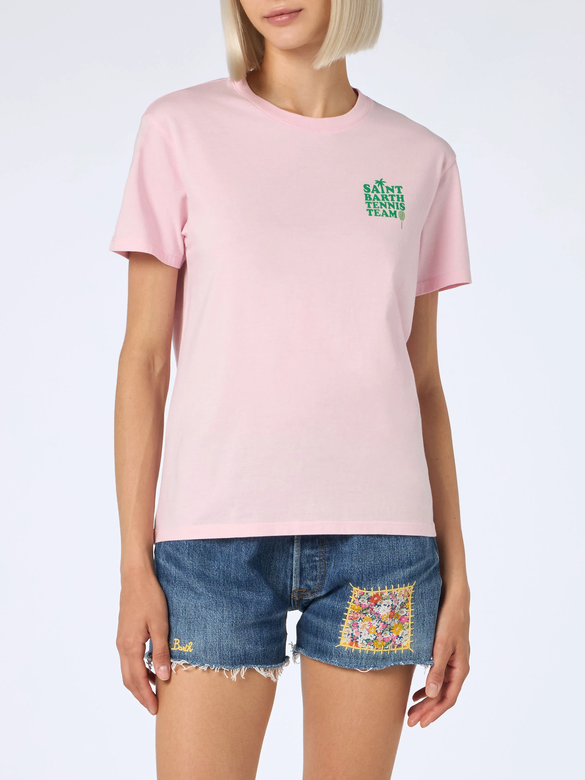 Roze katoenen T-shirt met print van het St Barth tennisteam.