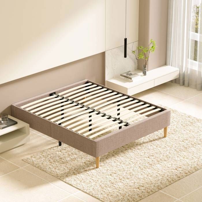 Base de cama tapizada - DEWINNER - Cama robusta y cómoda de 140 x 190 cm - Somier de 2 x 14 láminas con 9 patas - Altura del marco: 35 cm - Beige