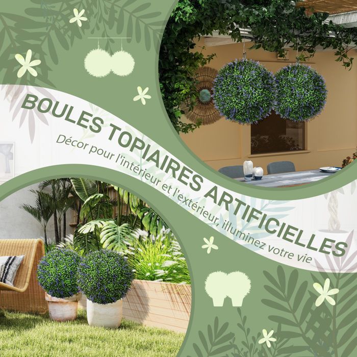 Juego de 2 bolas de topiario artificial - Resistentes a los rayos UV - Para uso interior y exterior - Hojas de PE - Ø 42 cm - Morado y verde