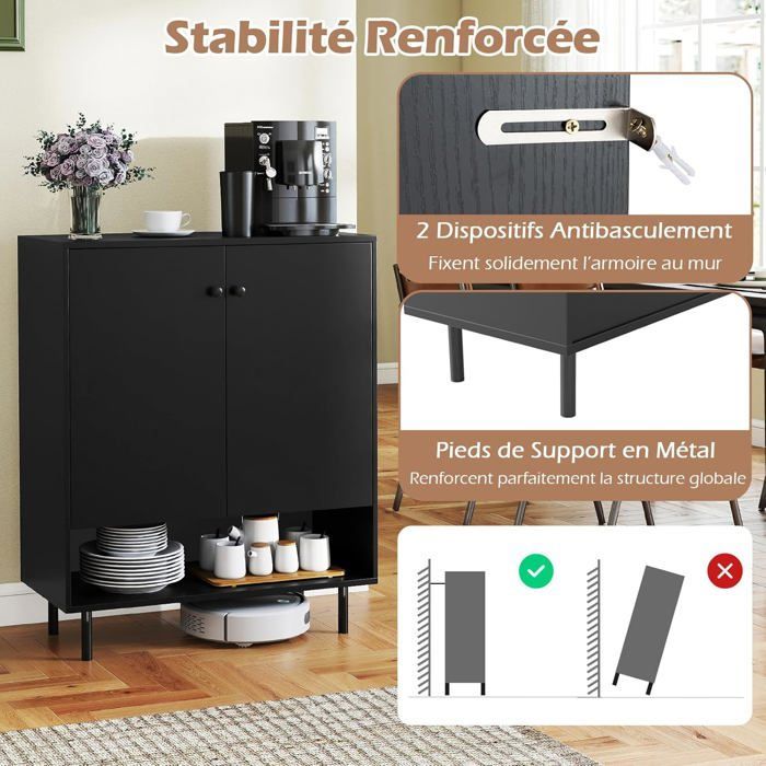 Aparador de cocina COSTWAY de 2 puertas, estante ajustable, kit antivuelco, mueble de almacenamiento para comedor/sala de estar, color negro.