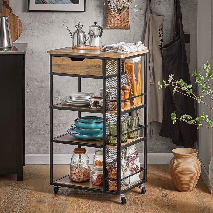 SoBuy Rolling Kitchen Trolley with 1 Drawer, 3 Shelves, Side Shelves and 4 Casters, 50x37x87cm