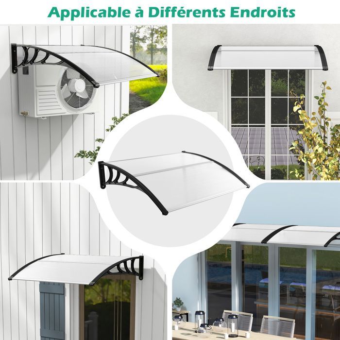 COSTWAY Auvent Marquise de Porte et Fenêtre 122 x 99 cm-en Polycarbonate Transparent-Protection contre Soleil,Pluie,Neige-Noir
