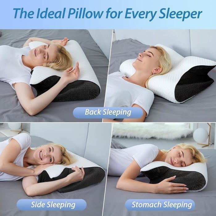 Almohada de espuma viscoelástica, soporte cervical ergonómico, para dormir de lado o boca arriba, 60x40x12/14cm, negra