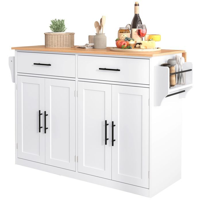 Desserte à Roulettes Cuisine rangement en bois multifonctionnelle avec plan de travail -avec tiroir-L120 x P46(70) x H91 cm-Blanc