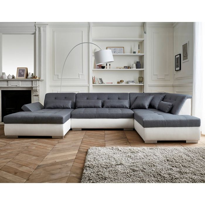 Vermont - Sofá panorámico de esquina derecha - 7 plazas - XXL - Blanco/Gris