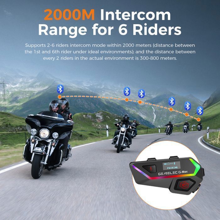 Kit de intercomunicación para motocicleta GEARELEC, walkie-talkie inalámbrico Bluetooth para casco de motocicleta, alcance de 2000 m, capacidad para 6 personas, BT 5.2, pantalla inteligente, resistencia al agua IPX67.