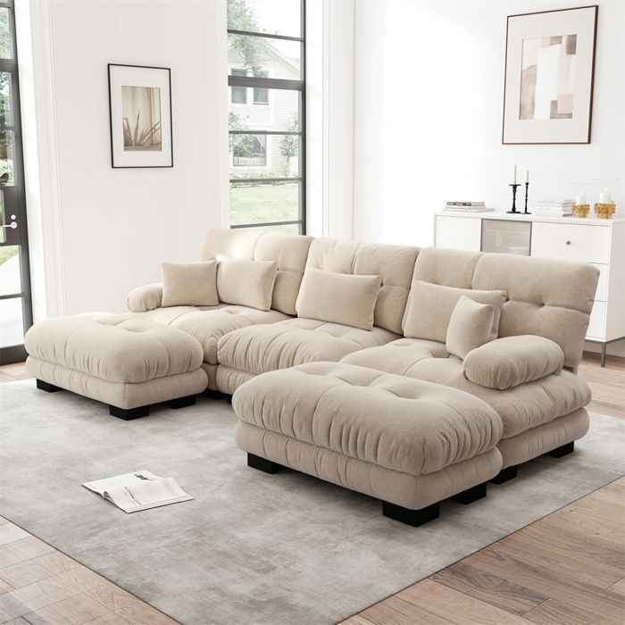 DRIPEX Canapé Cloud 4/5 places en forme de U pour salon,Canapé d'angle en chenille avec ottoman,313×145×81cm,Marron