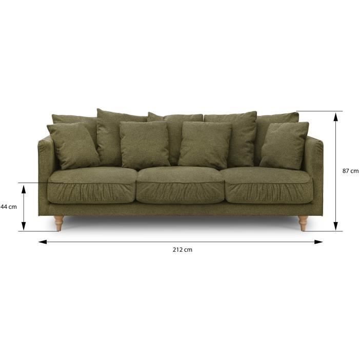 Canapé fixe 4 places CONSTANCE - Tissu vert - Pied en bois massif - L 212 x H 87 x P 93 cm