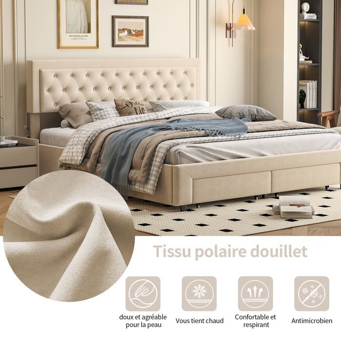 Cama con almacenamiento de 160 x 200 cm, cama de 160 x 200 con somier de láminas, cama doble, con 2 cajones, estructura de cama, con cabecero, color beige, terciopelo.