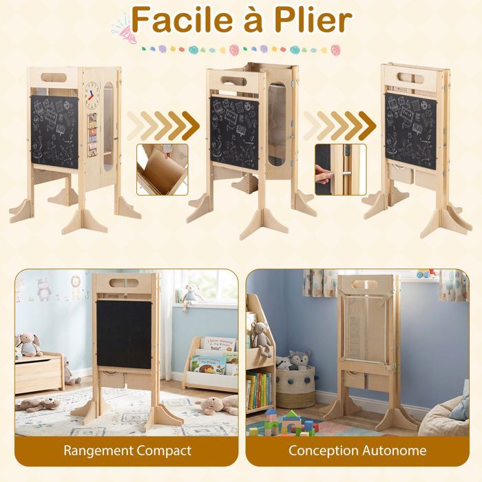 Torre de aprendizaje de madera COSTWAY para niños con escalones de 2 peldaños, pizarra y red de seguridad, para mayores de 3 años, color natural.