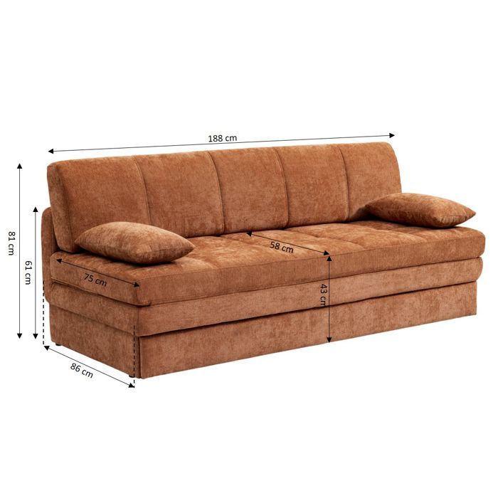 Sofá convertible de 3 plazas LUMA en tejido de chenilla color terracota.