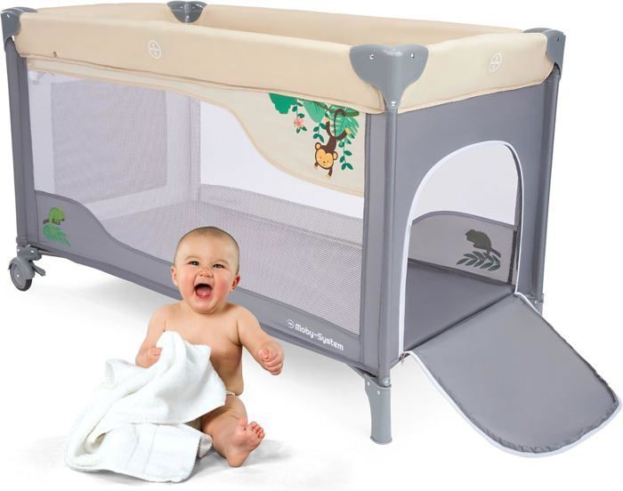 Moby-System Lit Parapluie Pliable & Parc Bébé 2EN1 | 2 Niveaux Matelas Haut Bas Jusqu'à 25 kg| Moustiquaire Sac Transport| CE
