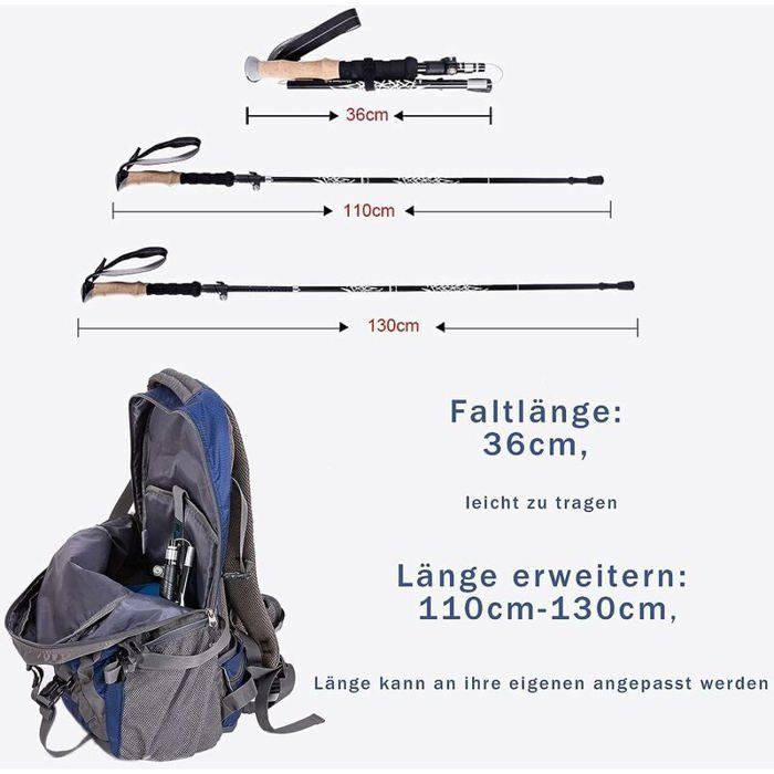 Bastón de trekking telescópico, ajustable de 36 a 130 cm. Ultraligero, con amortiguación y antideslizante. YYV