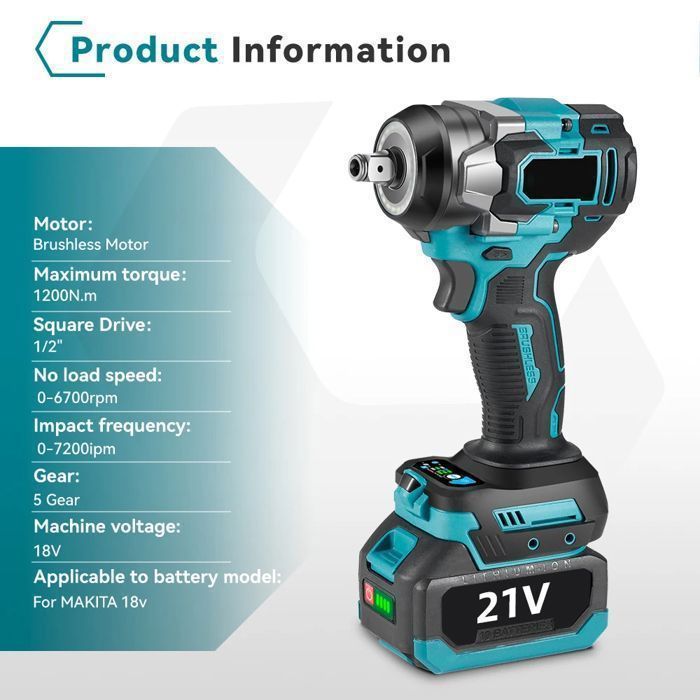 Llave de impacto inalámbrica de 1200 Nm, equipada con 2 baterías, herramienta eléctrica para reparación de automóviles.