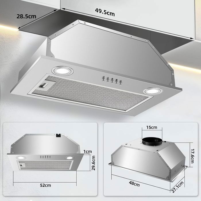 Hotte Aspirante Encastrée - Hotte de Cuisine Intégrée - 300m³/h - 52cm - Evacuation ou Recyclage - Inox - 3 Vitesses