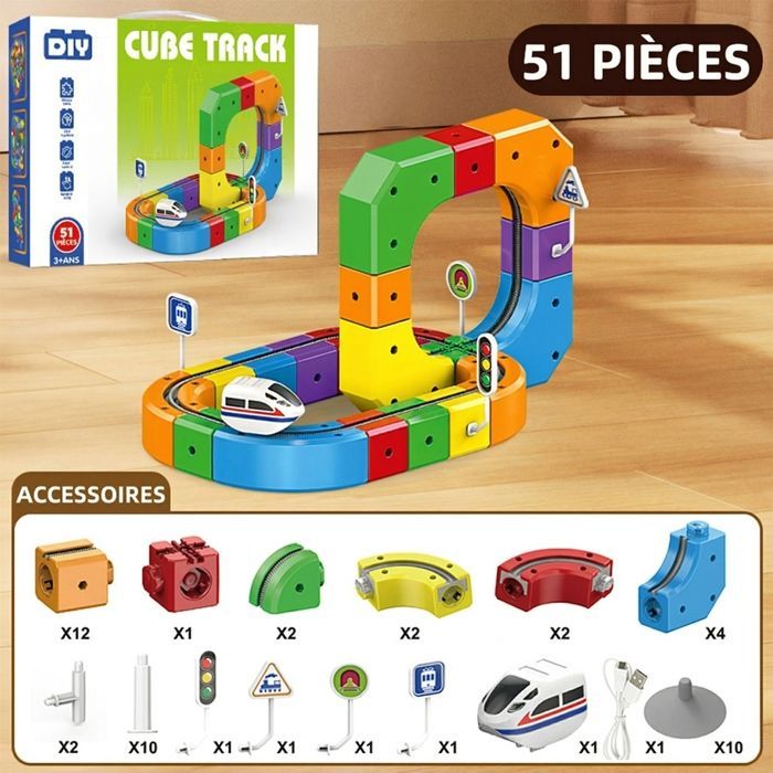 Tren de juguete de 51 piezas: vías eléctricas antigravedad 3D con tren motorizado y señales de tráfico.