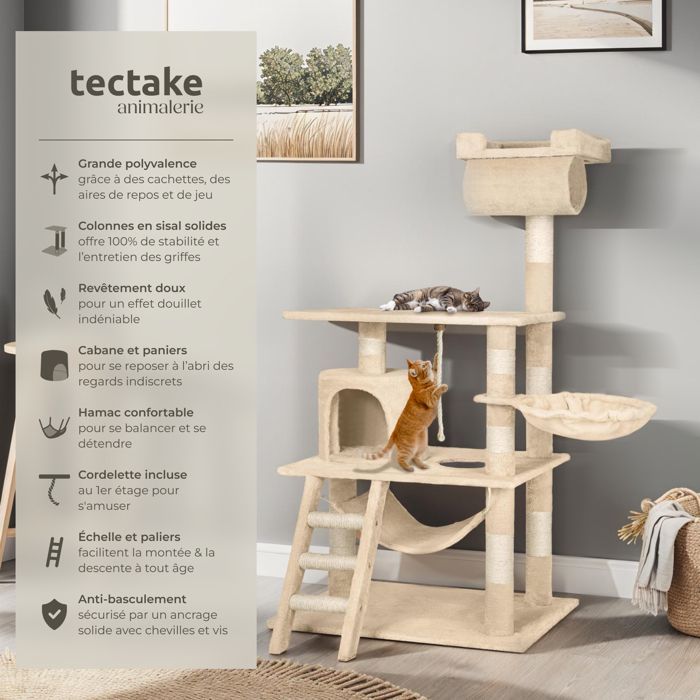 Árbol rascador para gatos - TECTAKE - STOKELEY, 141 cm de altura, con zonas para dormir y cuerda - Beige
