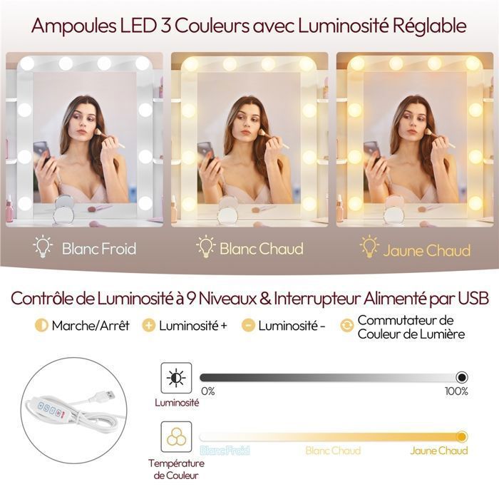 Yaheetech Coiffeuse avec Miroir 10 LED 3 Couleurs Deux Grands Tiroirs et Six Étagères de Rangement, Blanc