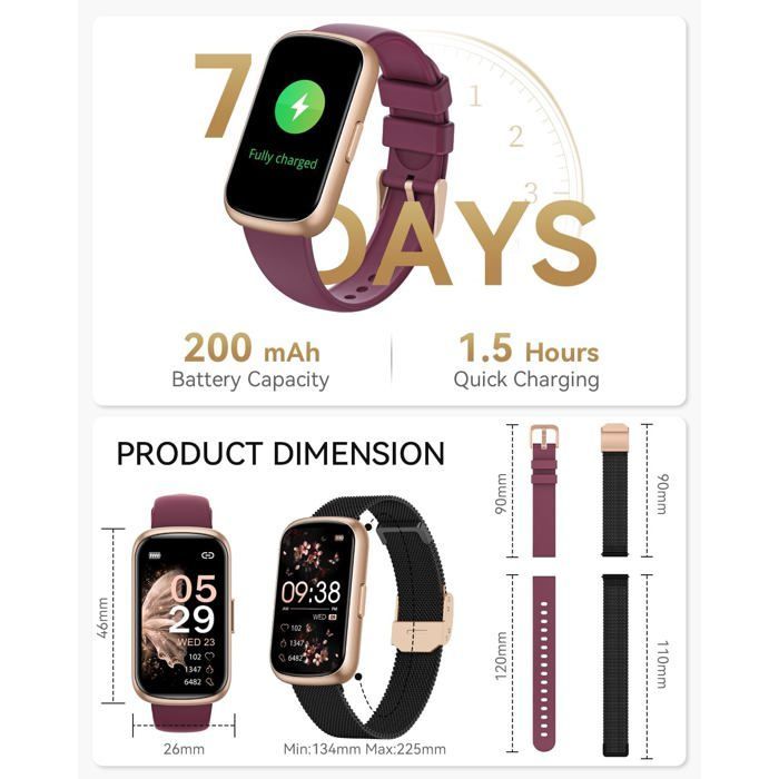Smartwatch für Damen, 1,47 Zoll Fitness-Tracker, 24-Stunden-Sport-Tracking, 24-Stunden-Herzfrequenzmessung, SpO2-Schlafüberwachung, IP68 wasserdicht