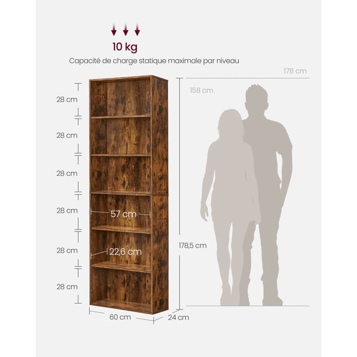VASAGLE Boekenkast, Open 6-plankensysteem, 24 x 60 x 178,5 cm, Eetkamer, Bruin