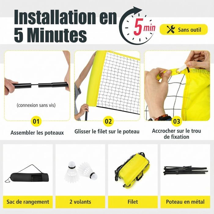 Red de bádminton portátil COSTWAY 310x102x89-155cm - Altura ajustable - 2 volantes - PE - Montaje en 5 minutos - Bolsa de almacenamiento - Amarillo