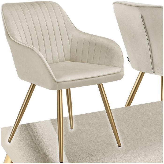 Chaise - TECTAKE - Fauteuil de salle à manger MARYLIN aspect velours et matelassé avec pieds en acier doré - Crème/Or