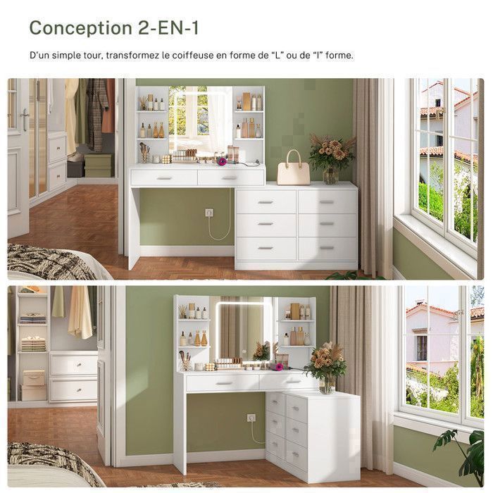 TEENFON Dressing Table with LED Mirror and Charging Station, Corner Dressing Table with 8 Drawers and 4 Shelves, (100+90)*40*135cm, White