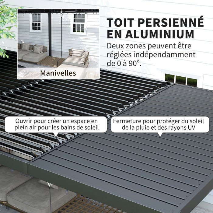 Bioclimatic pergola - Outsunny - crank-operated louvers - adjustable aluminum roof and hooks - 3 x 6 m - grey