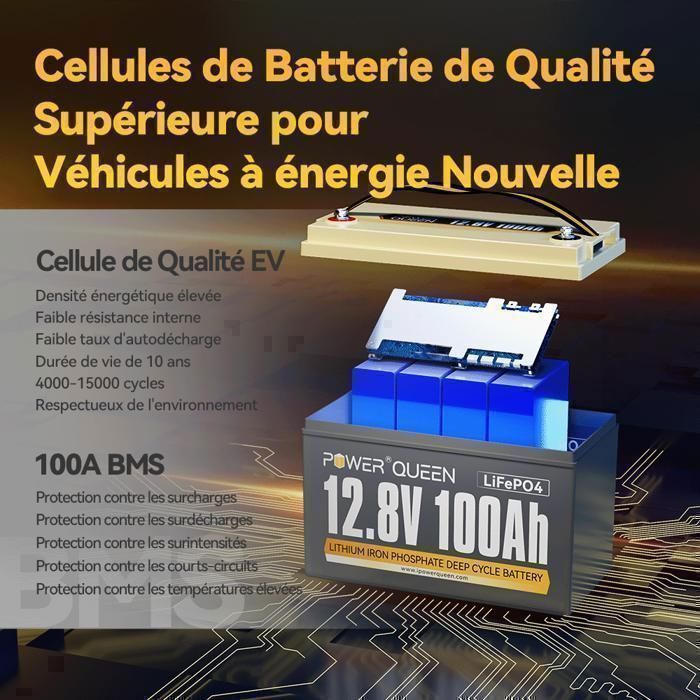 Power Queen Lithium LiFePO4-accu - 12V 100Ah - 1280Wh - BMS100A - 4000~15000 laadcycli voor campers en zonne-energiesystemen