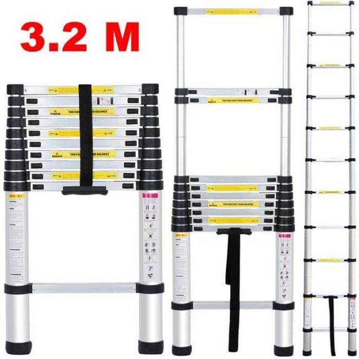 FINETHER Telescopic Ladder - Aluminum - 11 Rungs - 150 kg Capacity - Multifunctional - 3.2 m