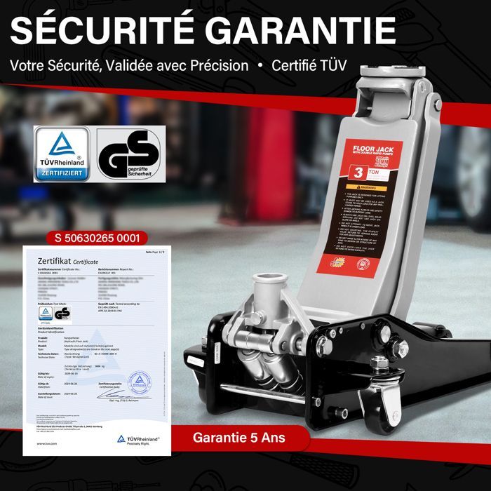 Cric idraulico da 3 tonnellate, altezza 75-500 mm, doppio pistone + 2 supporti in gomma, sollevatore per auto per manutenzione e cambio gomme