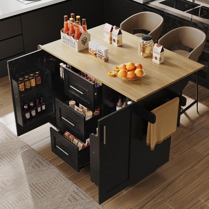 Kitchen Buffet, Multifunctional Kitchen Island with 3 Storage Drawers, Towel Rack with Wheels, Black