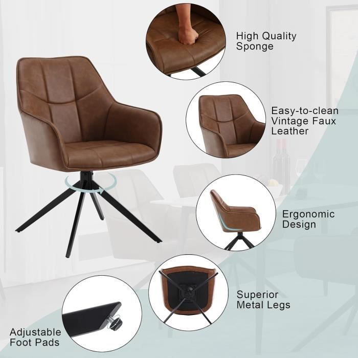 WOLTU Chaise de Salle à Manger Pivotantes, Fauteuils Rembourrés en Similicuir Vintage, Pieds en Métal, Marron Clair W0ATT0180-1