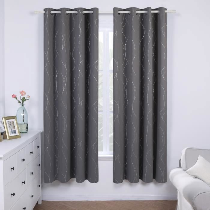 Deconovo Set van 2 thermische verduisteringsgordijnen, zilverkleurig stippenpatroon, met ringen bovenaan, 140x180cm, donkergrijs