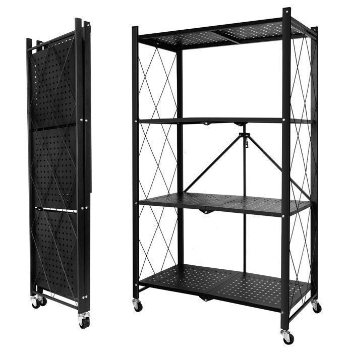 Folding storage unit - 4 shelves - Black metal - 4 lockable casters - 272 kg capacity