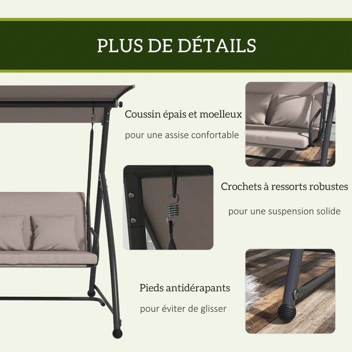 Balancelle de jardin - Outsunny - 3 places - convertible - toit inclinaison réglable, coussin - 218 x 120 x 168 cm - marron clair