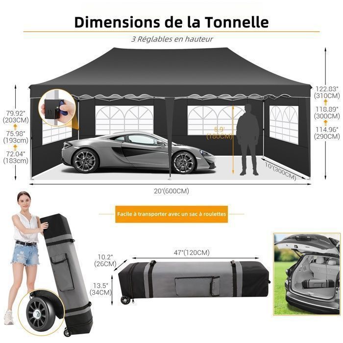Gazebo/Padiglione da giardino pieghevole 3x6, impermeabile, con 6 lati, ideale per feste, giardini, festival, mercati e matrimoni - Nero