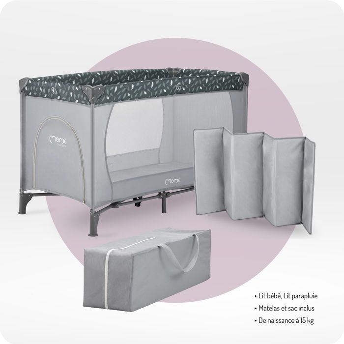 MoMi BELOVE – Lit Parapluie Bébé Pliant – Matelas + Sac de Transport – Accès Latéral – 2 Roulettes – Gris
