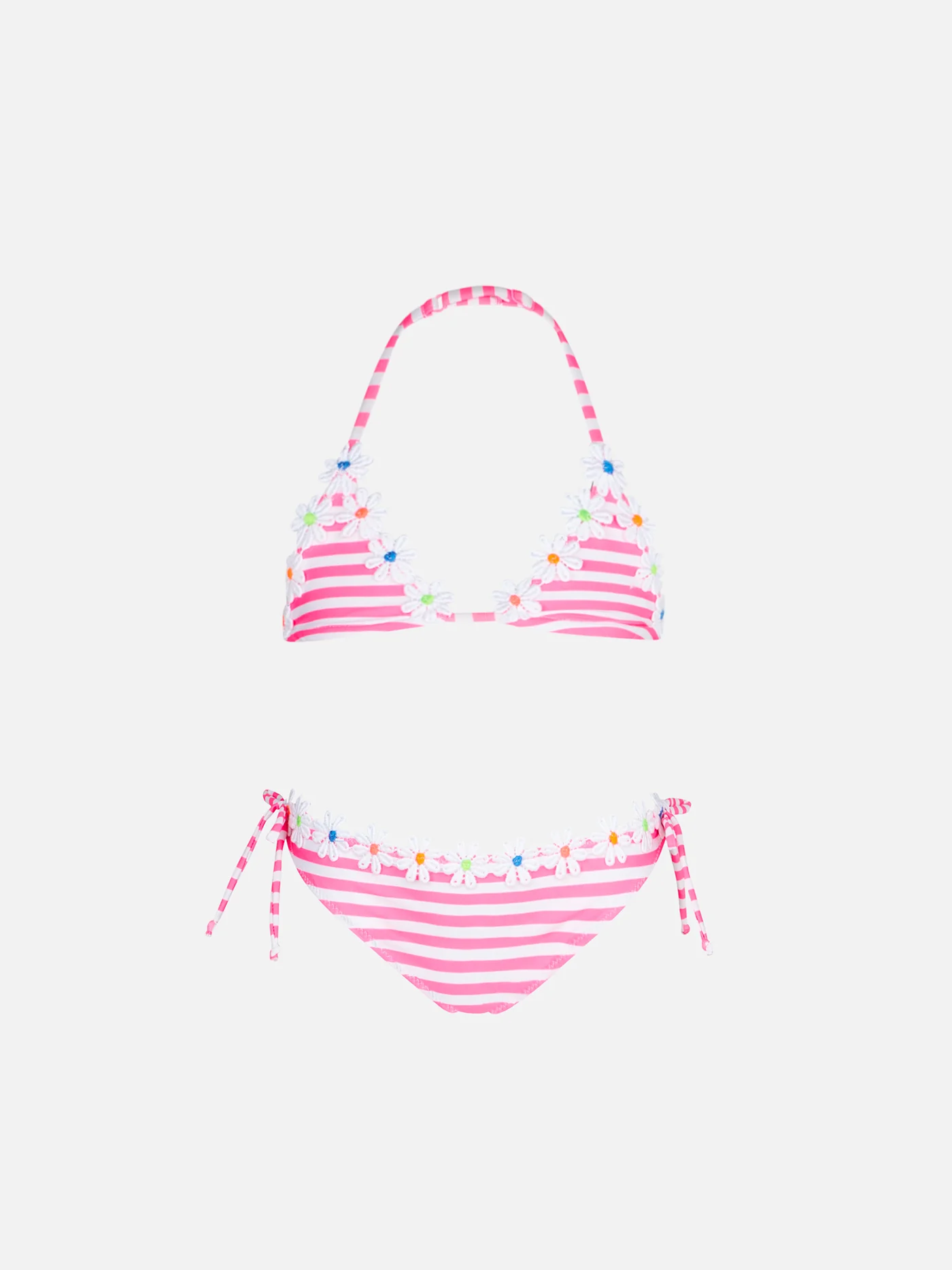 Bikini triangular para niña con rayas rosa neón.