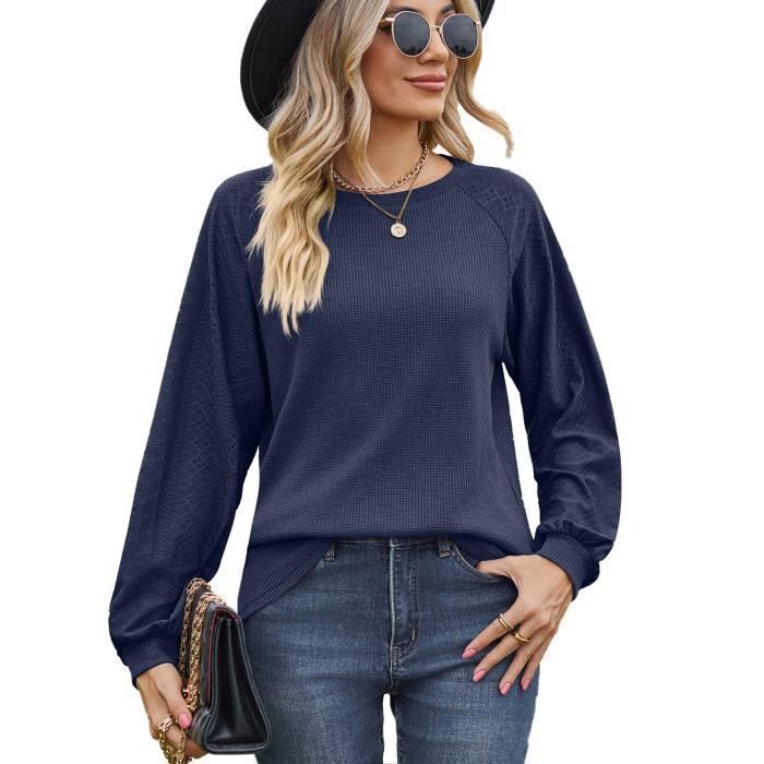 Pull Femme Manches Longues Col Rond Pullover Lâche Confortable Couleur Unie Pour Printemps Et Automne - Taille EU - Bleu Marine